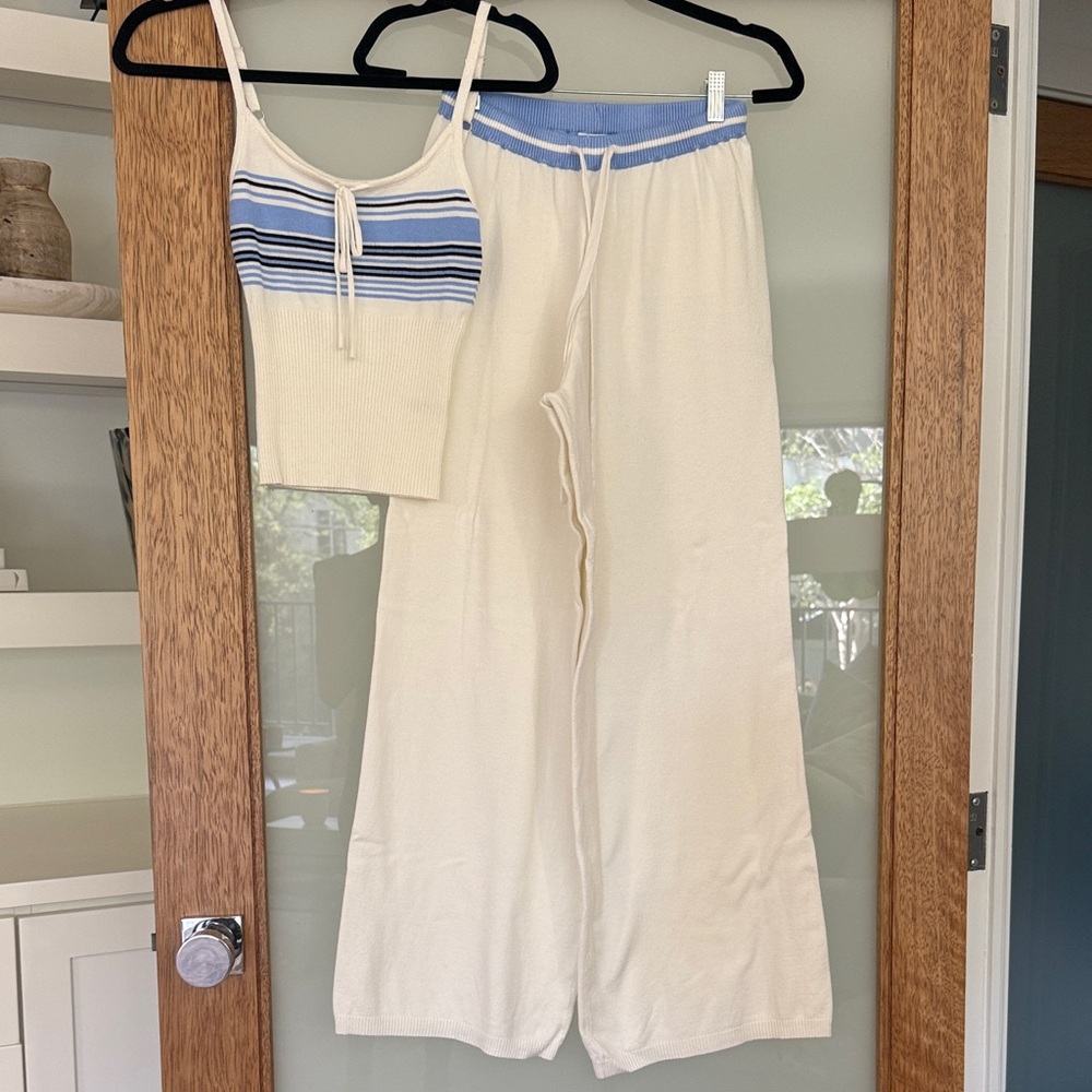 Frankie’s Bikinis Cream and Blue Striped Knit Set